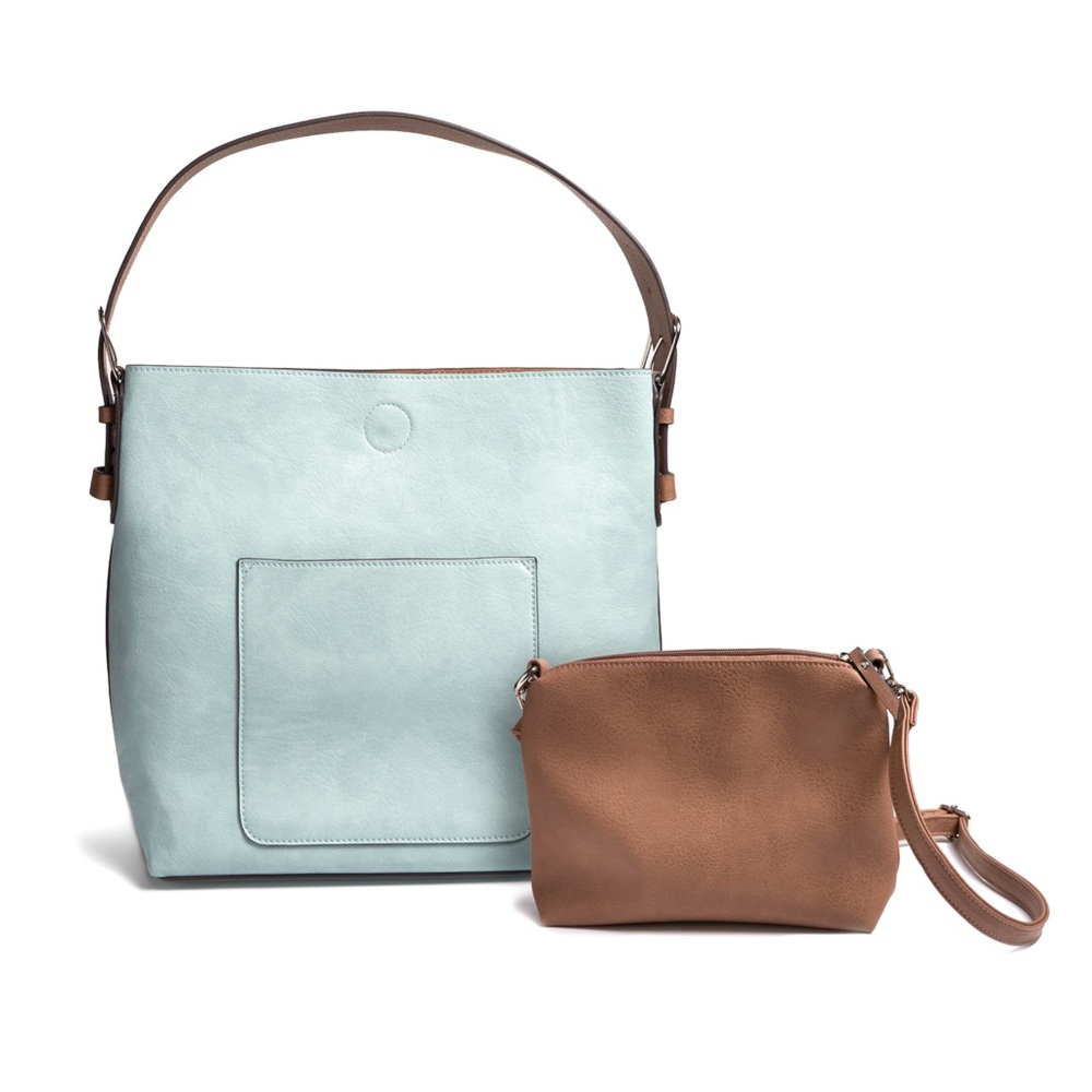 Burano Vegan Leather Tote Shoulder Bag Hobo 2 Piece Set Capri Blue New
